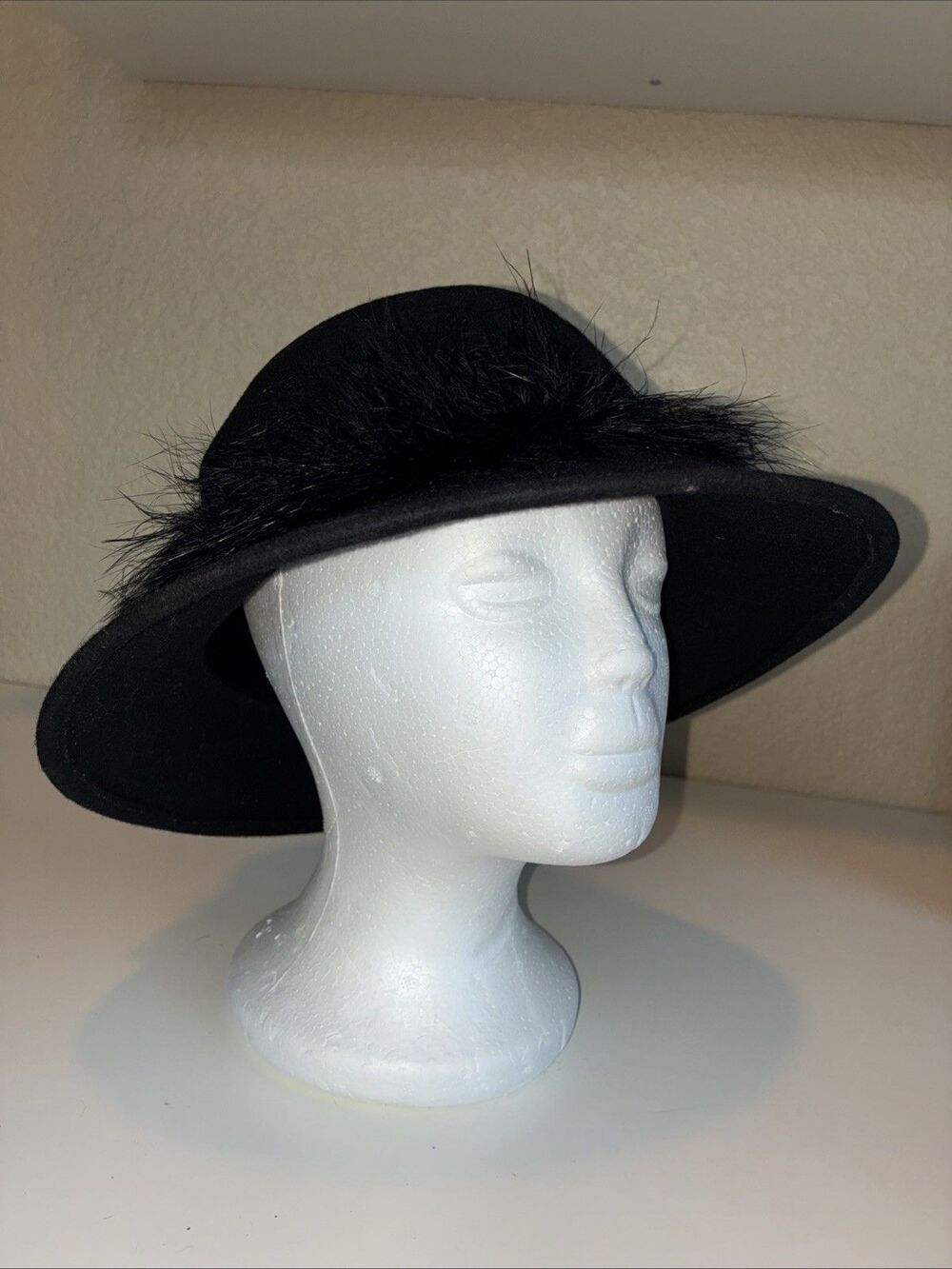 Vintage Black Wool Bucket Hat With Feather Trim